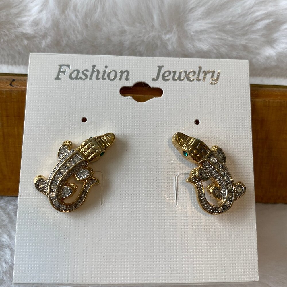 Vintage Cute Crocodile Earrings Crystal with Green Crystal eyes Small